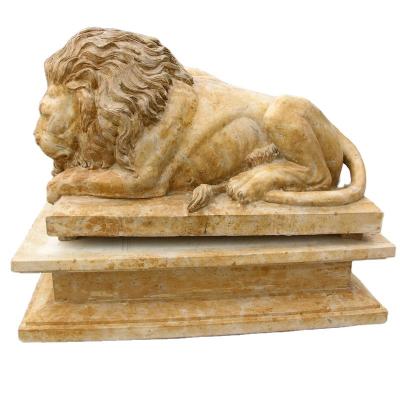 China Modern Customized Sleeping Yellow Lions Statue Marble Travertine Outdoor Sculpture for sale