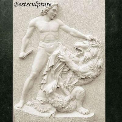 China European Life Size Marble Stone Man And Lion Wall Relief Statue Sculpture For Sale for sale