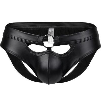 China 2021 Men's Sexy Briefs Plus Size Amazon Hot Sale Men's Leather Briefs Hip Waist Vacuum Fabric Sexy Underwear With Ring for sale