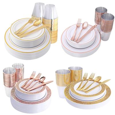 China Disposable Plastic Tableware Set Disposable Plastic Dishes Party Event Supplier Amazon Rose Gold Rim Wedding Bowls Plastic Tableware Set for sale