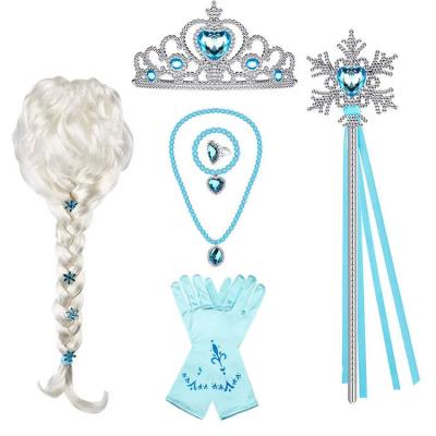 China Frozen Snow Elsa Kids Dress up Princess Cosplay Frozen Snow Elsa Kids Braid Blond Wigs Crown Wand Magic Stick Gloves Necklace Ring 7pcs Set for sale