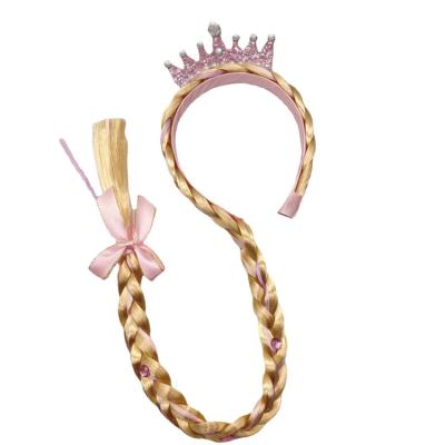 China Crown Wig Hairband Elsa Girls Princess Headband Baby Crown Diamond Tiara Wigs Long Braid Crown hair accessories For Little Children Headdress for sale