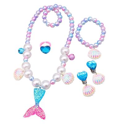 China Party Dress up Kids Jewelry Mermaid Princess Pearl Necklace Earrings Bracelet Ring Jewelry sets Little Girls Party Gift for sale