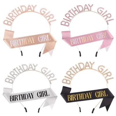 China Happy Birthday Dress up Birthday Crowns Rose Gold Birthday Girl Alloy Rhinestone Tiara Headband Sash Set For Women Party supplies favors for sale