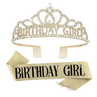 China Happy Birthday Dress up Hot Sale Birthday Girl & Queen Gold  Crown Tiara Rhinestone Headband Sash Set Princess Head Accessories for sale