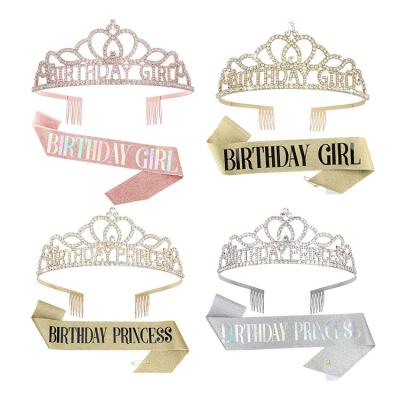 China Happy Birthday Dress up 2023 Hot Sale Birthday Girl Crown Tiara Rhinestone Headband Sash Set Birthday Queen  Princess Head Accessories for sale