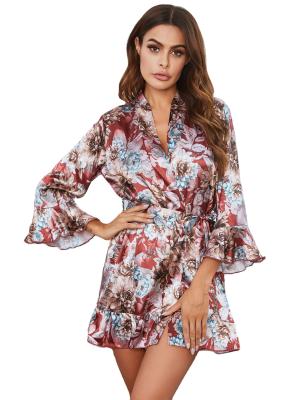 China QUICK DRY Women's Floral Print Satin Sleepwear Short Kimono Long Robes with V Neck Bridesmaid Wedding Party Dressing Gown Satin Nightgown Te koop