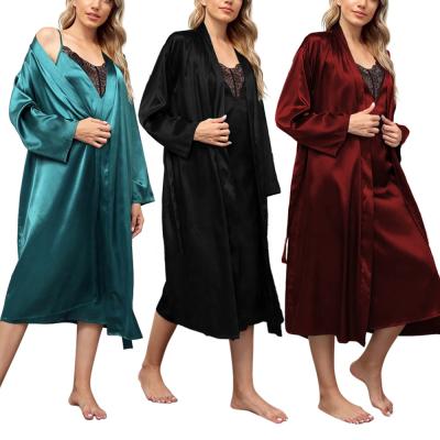 China QUICK DRY Women's Pajamas Set Silk Satin Lace V-Neckline Women's Pajamas Nightgown With Kimono Long Robe Sets for sale