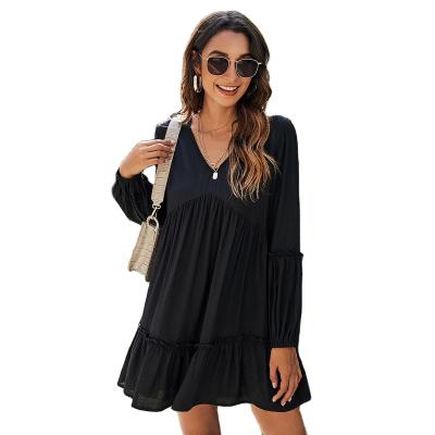 China Factory direct sales anti-static women's summer spring clothes solid color with ruffles sleeve V-neck sexy casual dress along for sale