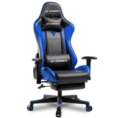 China Custom (Height) Adjustable Leather Ergonomic Gaming Chair Blue Reclining Computer Chair With Footrest for sale