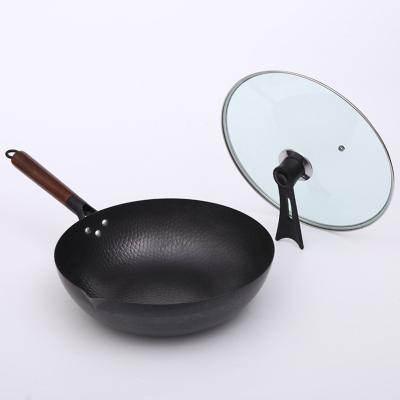 China Sustainable Portable Chinese Traditional Hand Hammered Cast Iron Refined Hand Wok Non Gas Stove Flat Bottom Stick Wok for sale