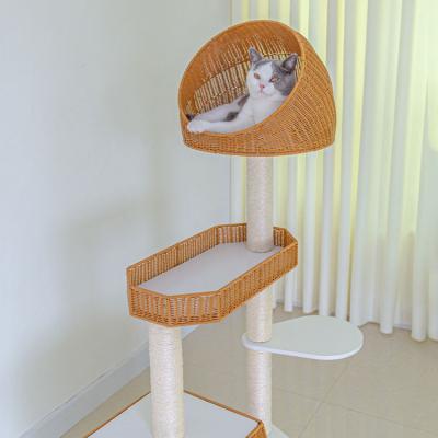 China Large Cat Condo Tower Sweet Warm Woven Breathable Handmade Wicker Rattan Climbing Treehouse Pet Cozy Bed Basket for Dogs and Cats Kitten for sale