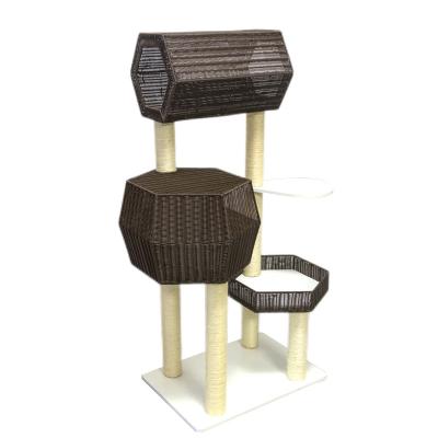 China Wholesale Breathable PP Plastic Rattan Woven Sleep Bed Cat Climbing Tree House Luxury Cat Tree Condo Tower Pet for sale