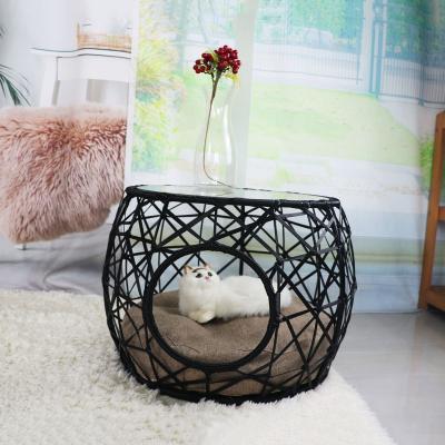 China Breathable Multiple Functions Rattan Side Table Pet Sleeping Basket Furniture Woven Indoor Bedroom Cat Cave Bed for sale