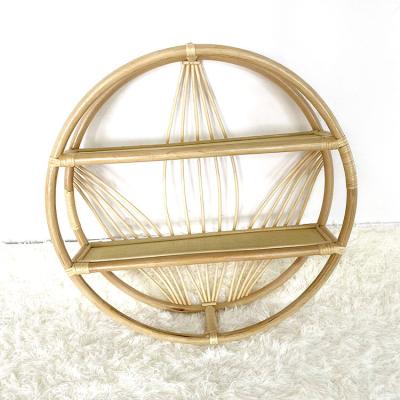 China Behind Doors/On Walls 2022 Household Home Decor Rattan Round Wall Hanging Rustic Natural Shelves Floating 2 Tier Rack Bathroom Kitchen Hanging Shelves for sale