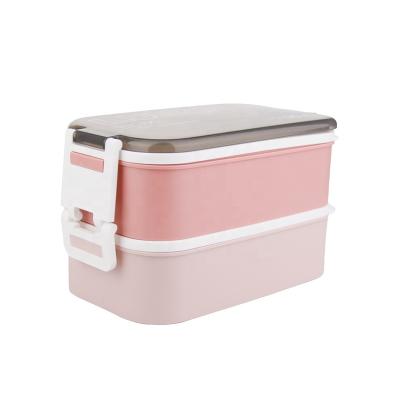 China Double Reusable Plastic Kids Microwavable Bento Box Lunch Box Set Of 2 Layers PP Square Locking Lids for sale