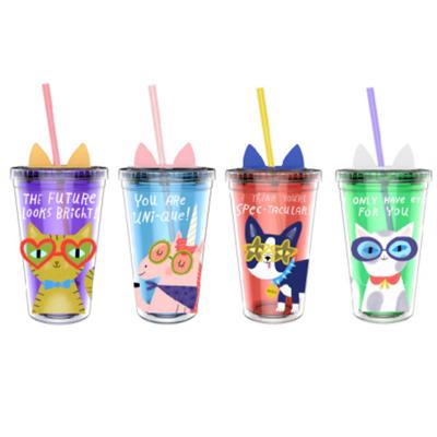 China Wholesale 16oz Viable Take Away Custom Glitter Clear Printing Double Layer Reusable Plastic Coffee Drinking Tea Cup With Ear Lid for sale