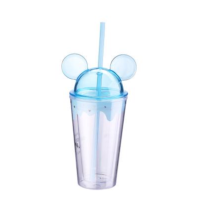 China Custom Sustainable Food Grade BPA Free Wall 400ML Mouse Ear Self-Cooling Double Mini Plastic Acrylic Mug With Lid for sale