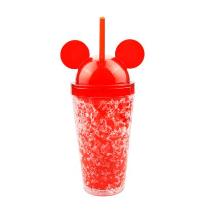 China Viable Custom Self Cooling Mickey Mouse Straw Cup With Double Wall Freezer GEL 450ML Plastic Double Lids for sale