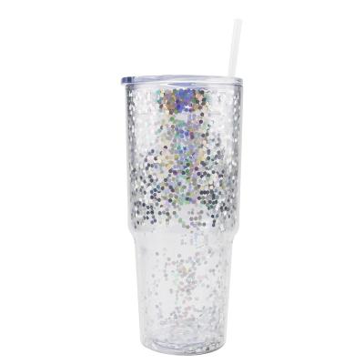 China Promotional Viable FREE Glossy Plastic Wall Bling Bling Juice Gift Coffee Cups BPA Double Mugs for sale