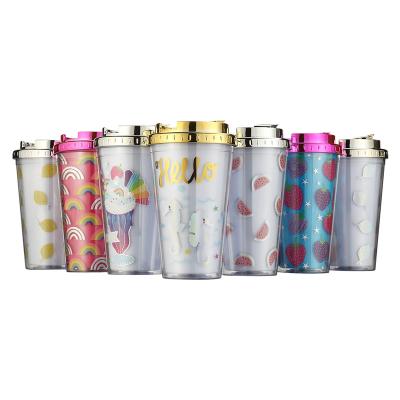 China 16OZ Disposable Wall Insert Customized OEM BPA Free Double Sparkle Reusable Bubble Tea Plastic Straw Cup with Straw and Lid for sale