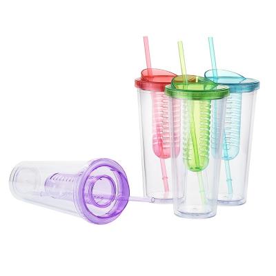 China 20oz Sustainable Double Wall Tumbler Fruit Infuser And Press Straw Plastic Juice Drink Cup for sale