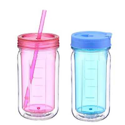 China Sustainable Wholesale Plastic Double Wall Drinking Tumbler Mason Jar With Straw for sale