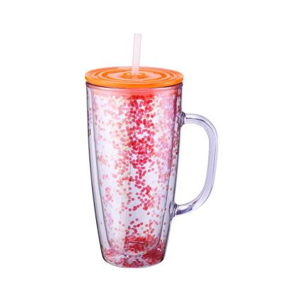 China Custom Wholesale 24OZ Glitter Tumbler With Handle Straw Sustainable Acrylic Plastic Cup Double Wall for sale