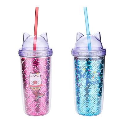 China Reusable Glitter Cartoon Travel Double Wall INS Coffee Tea Viable Acrylic Drink Glitter Cartoon Travel Mugs Cat Ear Plastic Cup With Straw for sale