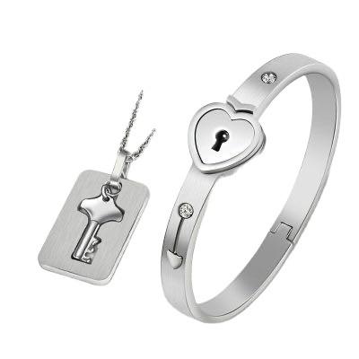 China CLASSIC Stainless Steel Love Lock Bracelet Birthday Gift Concentric Lock Key Pendant Couple Jewelry Set Bangle Necklace Heart Bracelet for sale