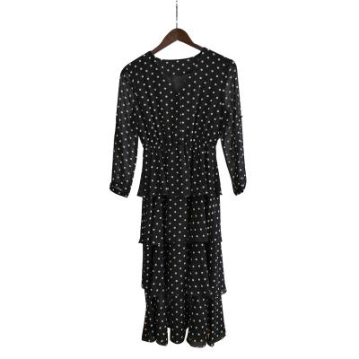 China Polka Button V-Neck Long Sleeve Ladies Sale Skirt Fashion Multilayer Dress Hot Anti-static Dot Long Dress for sale