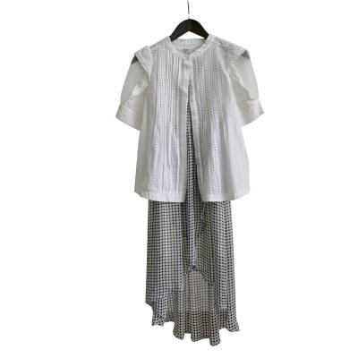 China Fashion Anti-Static Two Piece Formal White Short Sleeve Suit Ladies Plaid Top Dress Suit Long for sale