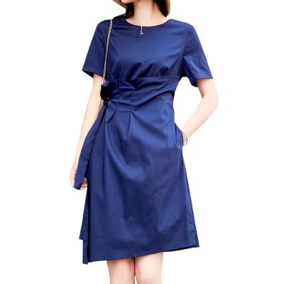 China Eason Anti-Static Short Sleeve Middle Long Women Dress O-Neck Navy Color Summer Casual Skirt For Ladies Girls for sale