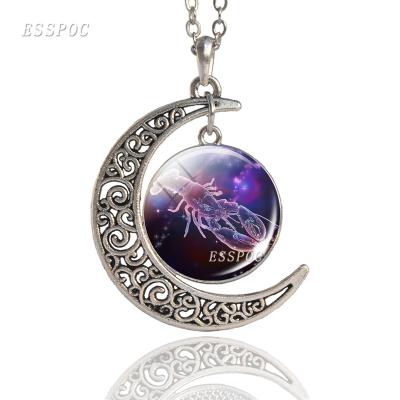 China CLASSIC 12 Zodiac Signs Glass Dome Crescent Moon Necklace Fashion Jewelry for Women Aries Taurus Gemini Cancer Aquarius Pisces Necklace for sale