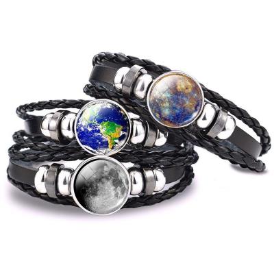 China Promotion Solar System Sun Jupiter Earth Moon Mercury Glass Punk Bracelet Braided Cabochon Black Leather Woven Bracelet for sale