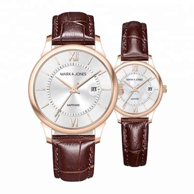 China Custom Automatic Date HS-3038 Hotsale Logo Sapphire Crystal Genuine Leather Classic Couple Quartz Watches Set For Woman for sale