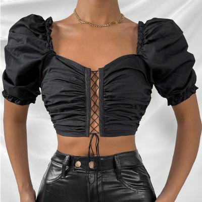 China New Retro Anti-wrinkle Summer Puff Sleeve Crop Ruched Top Lace Up Casual Women's T-Shirt for sale