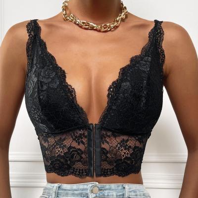 China Women Sexy QUICK DRY Breasted Hollow Out Deep-v Tops Sleeveless Lace Crop Streetwear Y2k Tops for sale