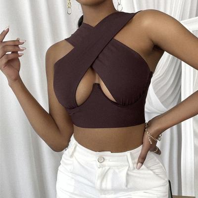 China New QUICK DRY Women's Sexy Vintage Hollow Out Sleeveless Backless Halter Neck Crop Top for sale