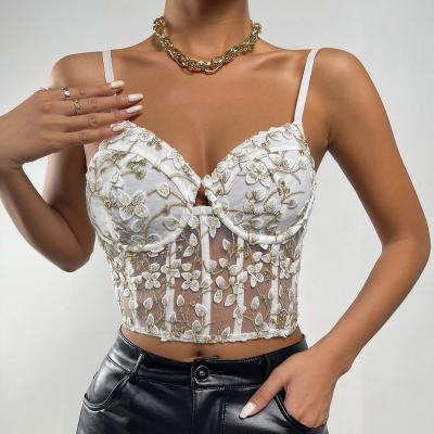 China Sexy Floral Broken Mesh Embroidery Crop Top Hollow Out Lace QUICK DRY Women Camisole for sale