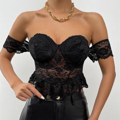 China Fashion Nightclub Style QUICK DRY Perspective Hollow Out Sexy Lace Mesh Women Crop Top for sale