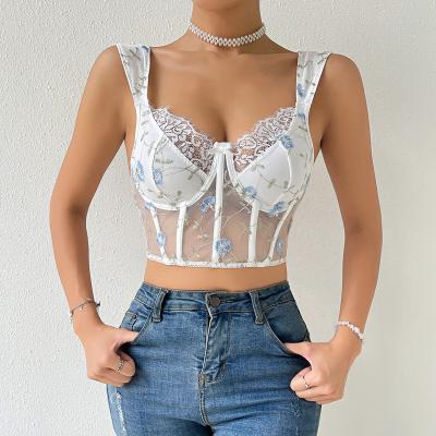 China New Sexy QUICK DRY Floral Sheer Street Lace Embroidery Summer Crop Casual Tank Top for sale