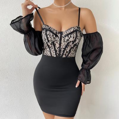 China New Style Anti-Static French Sling Puff Sleeve Backless Hip Splicing Casual Dress for sale