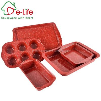 China Sustainable Red Marble Liner 5pcs Non Stick Bakeware Bread Base Home Cake Baking Set for sale