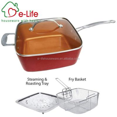 China Elife Sustainable Copper Finished Square Chef Frying Pan with Basket and Steamer Rack for sale