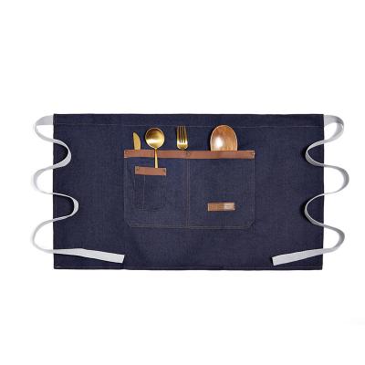 China High Quality Heavy Duty Vintage Denim Waist Waitress Half Apron Jean Waiter Apron With Leather Heavy Duty Strap for sale