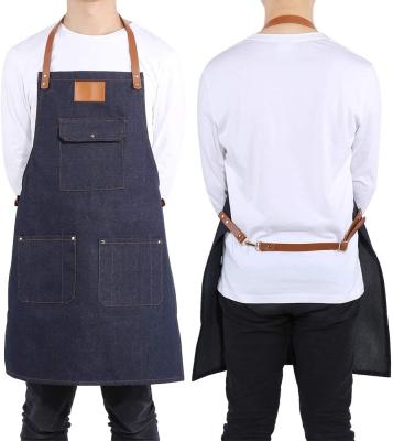 China Durable Shoemaker Denim Bib Apron For Women Men With Leather Strap Work Cook Uniform Bib Apron for sale