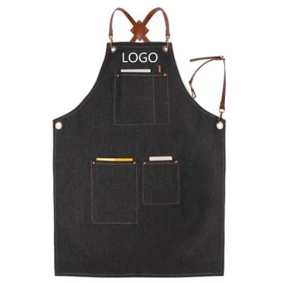 China Restaurant durable apron cafe denim apron men and women leather strap leather strap apron with custom logo for sale