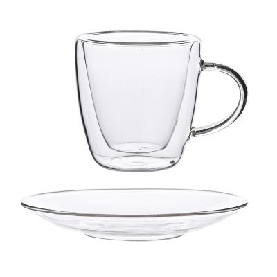 China Sustainable High Quality Double Wall Borosilicate Glass Coffee Tea Cup Set With Saucer for sale