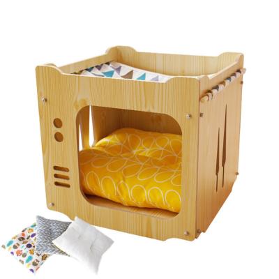 China WYCY Luxury Breathable Wooden Pet Cat Bed Cage For Play Sleeping Pet Indoor Detachable Kennel Cat House With Hammock Scratcher for sale